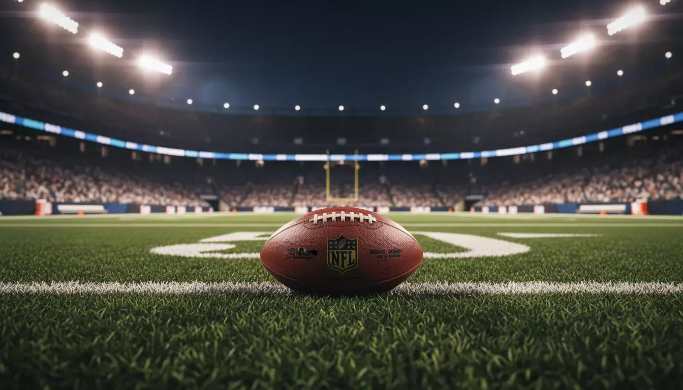 Campo da football americano NFL con linee delle yard illuminate