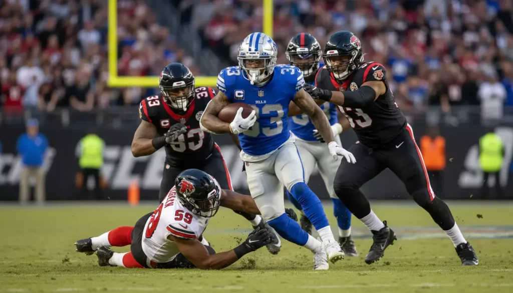 Giocatore NFL in azione durante corsa con palla