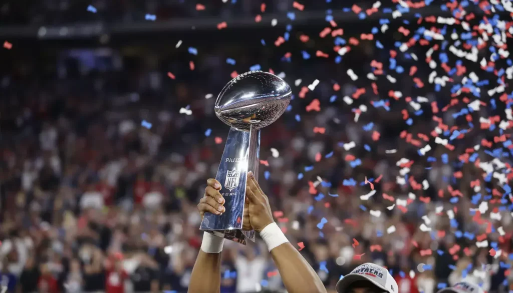 Trofeo Super Bowl con coriandoli celebrazione